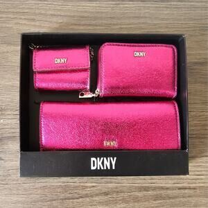 DKNY Lumen 3 Piece Wallet Set Gift Box Pink Wallet, Card Holder, Earbud Case NWT
